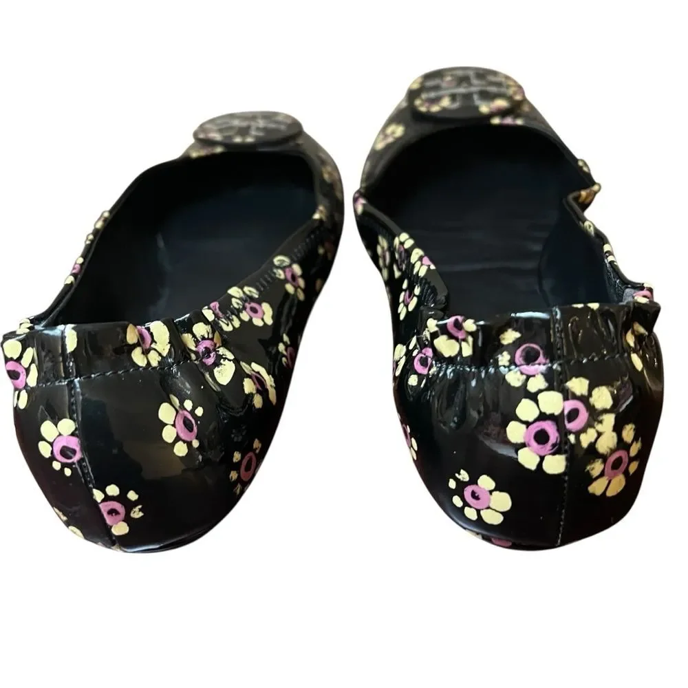 Tory Burch Minnie Travel Ballet Flats Black Patent Floral Print US 6.5